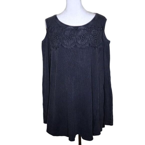 Soft Surroundings Cutout Shoulder Thermal Tunic Top Shirt Womens S Gray Waffle K - Picture 1 of 9